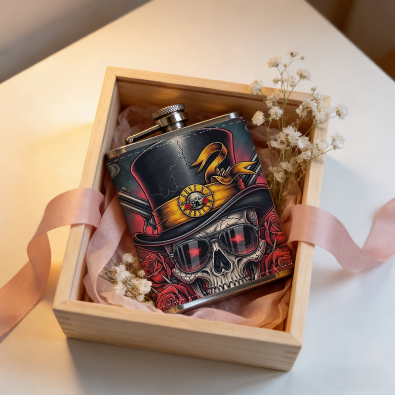 Skull wearing top hat with red roses and text 8oz Portable Stainless Steel Hip Flask - Juice Flask - Perfect Gift - Unique Whiskey Flask for Women, Wine Pot Metal - Ideal stainless steel flask for all outdoor activities