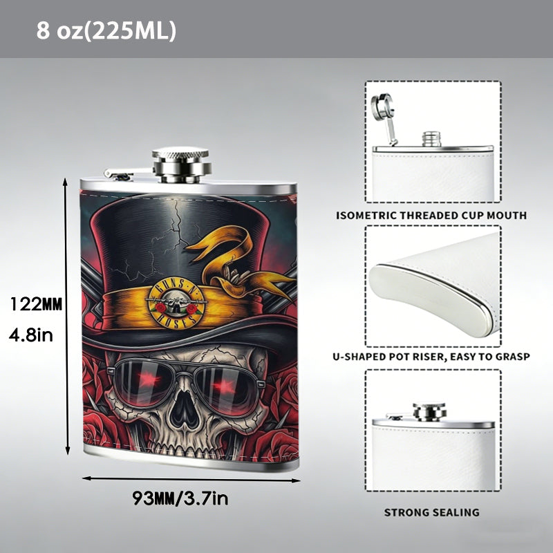 Skull wearing top hat with red roses and text 8oz Portable Stainless Steel Hip Flask - Juice Flask - Perfect Gift - Unique Whiskey Flask for Women, Wine Pot Metal - Ideal stainless steel flask for all outdoor activities