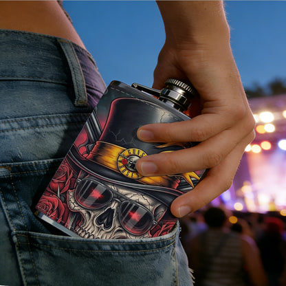 Skull wearing top hat with red roses and text 8oz Portable Stainless Steel Hip Flask - Juice Flask - Perfect Gift - Unique Whiskey Flask for Women, Wine Pot Metal - Ideal stainless steel flask for all outdoor activities