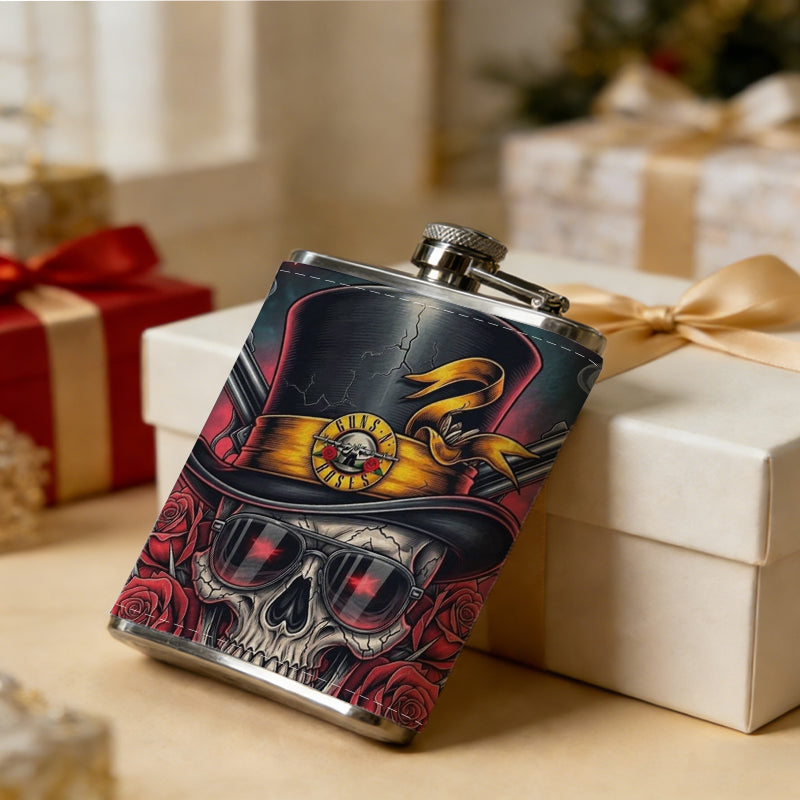 Skull wearing top hat with red roses and text 8oz Portable Stainless Steel Hip Flask - Juice Flask - Perfect Gift - Unique Whiskey Flask for Women, Wine Pot Metal - Ideal stainless steel flask for all outdoor activities