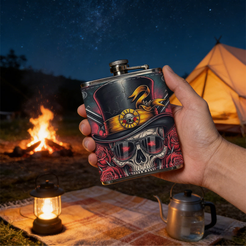 Skull wearing top hat with red roses and text 8oz Portable Stainless Steel Hip Flask - Juice Flask - Perfect Gift - Unique Whiskey Flask for Women, Wine Pot Metal - Ideal stainless steel flask for all outdoor activities