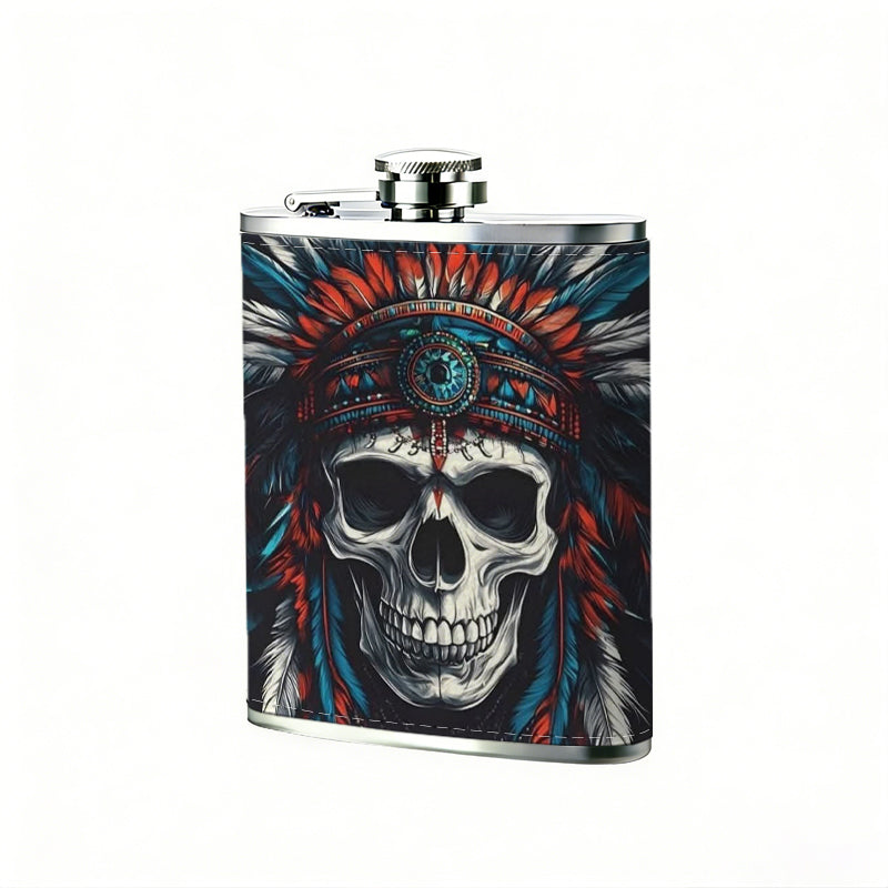 Skull wearing Native American headdress 8oz Portable Stainless Steel Hip Flask - Juice Flask - Perfect Gift - Unique Whiskey Flask for Women, Wine Pot Metal - Ideal stainless steel flask for all outdoor activities