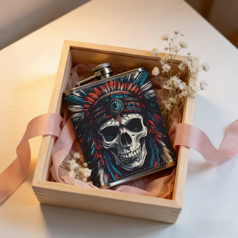 Skull wearing Native American headdress 8oz Portable Stainless Steel Hip Flask - Juice Flask - Perfect Gift - Unique Whiskey Flask for Women, Wine Pot Metal - Ideal stainless steel flask for all outdoor activities
