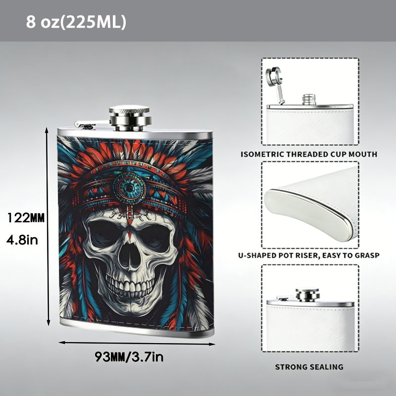 Skull wearing Native American headdress 8oz Portable Stainless Steel Hip Flask - Juice Flask - Perfect Gift - Unique Whiskey Flask for Women, Wine Pot Metal - Ideal stainless steel flask for all outdoor activities