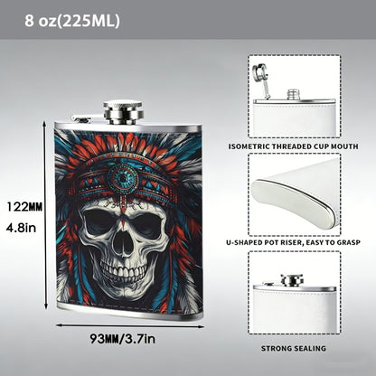 Skull wearing Native American headdress 8oz Portable Stainless Steel Hip Flask - Juice Flask - Perfect Gift - Unique Whiskey Flask for Women, Wine Pot Metal - Ideal stainless steel flask for all outdoor activities