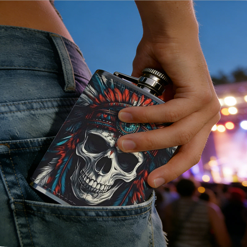 Skull wearing Native American headdress 8oz Portable Stainless Steel Hip Flask - Juice Flask - Perfect Gift - Unique Whiskey Flask for Women, Wine Pot Metal - Ideal stainless steel flask for all outdoor activities