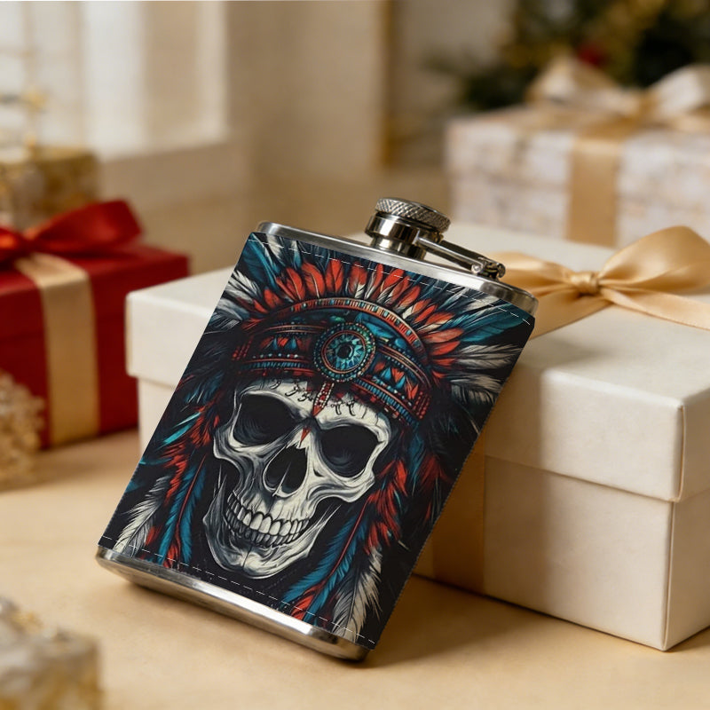 Skull wearing Native American headdress 8oz Portable Stainless Steel Hip Flask - Juice Flask - Perfect Gift - Unique Whiskey Flask for Women, Wine Pot Metal - Ideal stainless steel flask for all outdoor activities