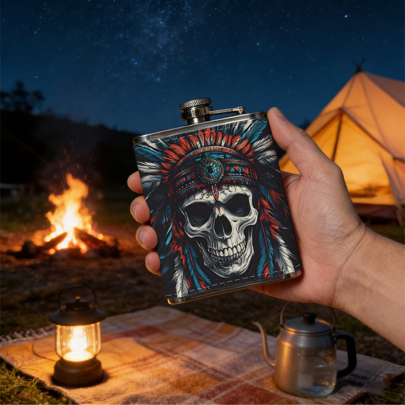 Skull wearing Native American headdress 8oz Portable Stainless Steel Hip Flask - Juice Flask - Perfect Gift - Unique Whiskey Flask for Women, Wine Pot Metal - Ideal stainless steel flask for all outdoor activities