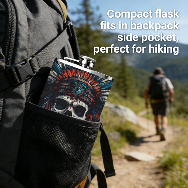 Skull wearing Native American headdress 8oz Portable Stainless Steel Hip Flask - Juice Flask - Perfect Gift - Unique Whiskey Flask for Women, Wine Pot Metal - Ideal stainless steel flask for all outdoor activities