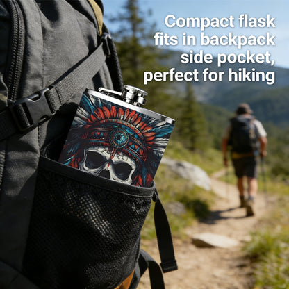 Skull wearing Native American headdress 8oz Portable Stainless Steel Hip Flask - Juice Flask - Perfect Gift - Unique Whiskey Flask for Women, Wine Pot Metal - Ideal stainless steel flask for all outdoor activities