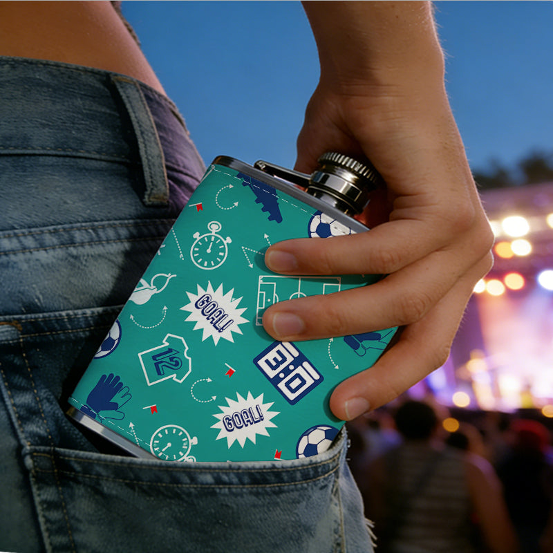 Football sport themed pattern 8oz Portable Stainless Steel Hip Flask - Juice Flask - Perfect Gift - Unique Whiskey Flask for Women, Wine Pot Metal - Ideal stainless steel flask for all outdoor activities