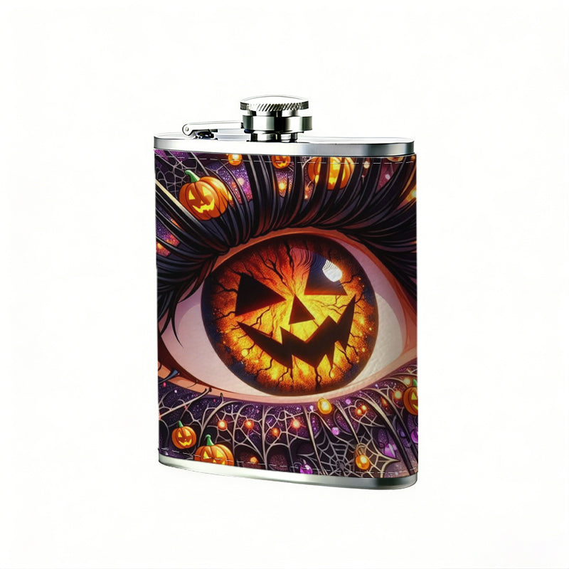 Halloween eye with jack-o'-lanterns 8oz Portable Stainless Steel Hip Flask - Juice Flask - Perfect Gift - Unique Whiskey Flask for Women, Wine Pot Metal - Ideal stainless steel flask for all outdoor activities