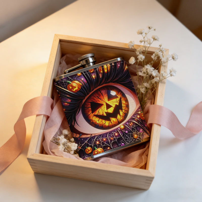 Halloween eye with jack-o'-lanterns 8oz Portable Stainless Steel Hip Flask - Juice Flask - Perfect Gift - Unique Whiskey Flask for Women, Wine Pot Metal - Ideal stainless steel flask for all outdoor activities