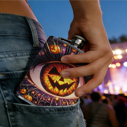 Halloween eye with jack-o'-lanterns 8oz Portable Stainless Steel Hip Flask - Juice Flask - Perfect Gift - Unique Whiskey Flask for Women, Wine Pot Metal - Ideal stainless steel flask for all outdoor activities