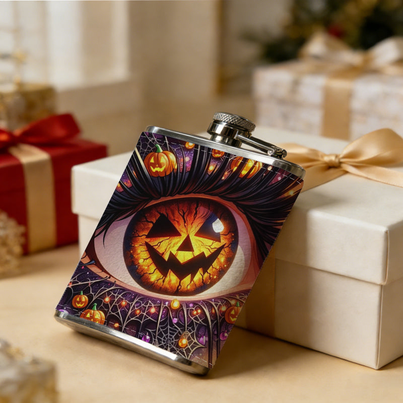 Halloween eye with jack-o'-lanterns 8oz Portable Stainless Steel Hip Flask - Juice Flask - Perfect Gift - Unique Whiskey Flask for Women, Wine Pot Metal - Ideal stainless steel flask for all outdoor activities