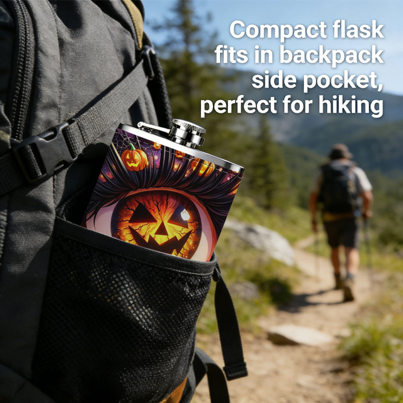 Halloween eye with jack-o'-lanterns 8oz Portable Stainless Steel Hip Flask - Juice Flask - Perfect Gift - Unique Whiskey Flask for Women, Wine Pot Metal - Ideal stainless steel flask for all outdoor activities