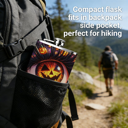 Halloween eye with jack-o'-lanterns 8oz Portable Stainless Steel Hip Flask - Juice Flask - Perfect Gift - Unique Whiskey Flask for Women, Wine Pot Metal - Ideal stainless steel flask for all outdoor activities