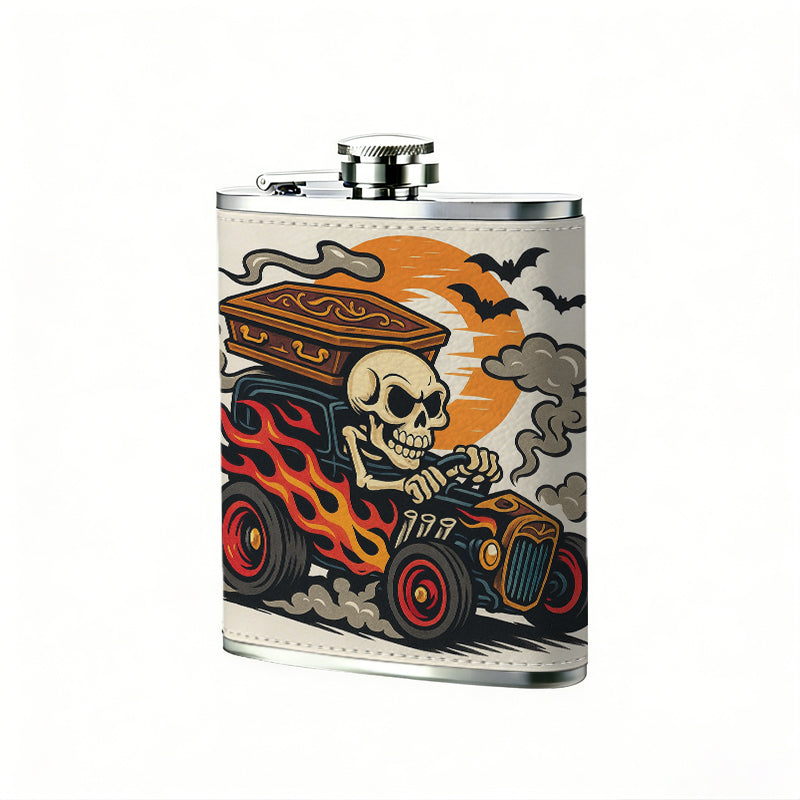 Skull driving a spooky truck with bats and moon 8oz Portable Stainless Steel Hip Flask - Juice Flask - Perfect Gift - Unique Whiskey Flask for Women, Wine Pot Metal - Ideal stainless steel flask for all outdoor activities