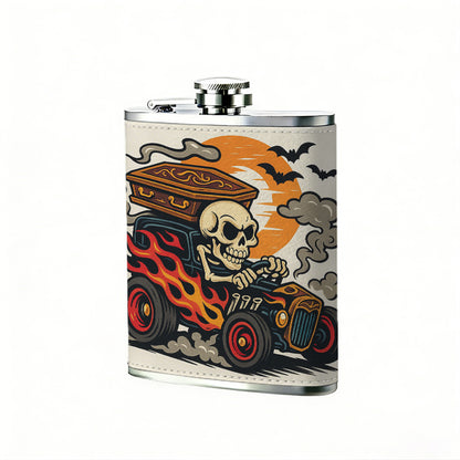 Skull driving a spooky truck with bats and moon 8oz Portable Stainless Steel Hip Flask - Juice Flask - Perfect Gift - Unique Whiskey Flask for Women, Wine Pot Metal - Ideal stainless steel flask for all outdoor activities