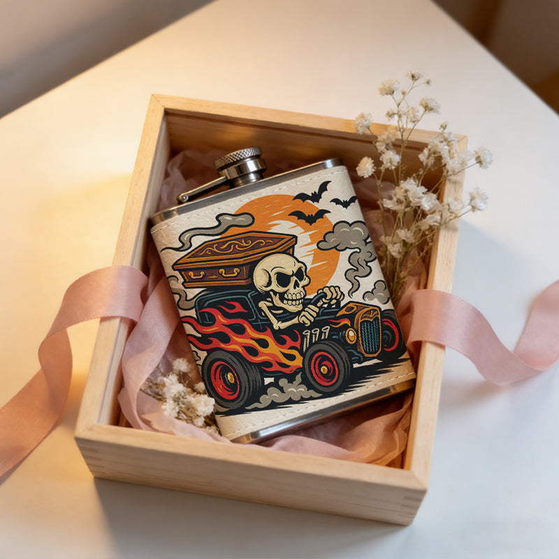 Skull driving a spooky truck with bats and moon 8oz Portable Stainless Steel Hip Flask - Juice Flask - Perfect Gift - Unique Whiskey Flask for Women, Wine Pot Metal - Ideal stainless steel flask for all outdoor activities