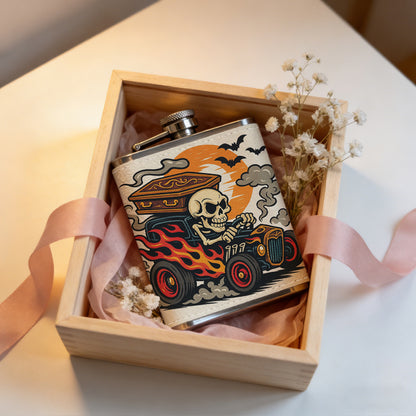 Skull driving a spooky truck with bats and moon 8oz Portable Stainless Steel Hip Flask - Juice Flask - Perfect Gift - Unique Whiskey Flask for Women, Wine Pot Metal - Ideal stainless steel flask for all outdoor activities