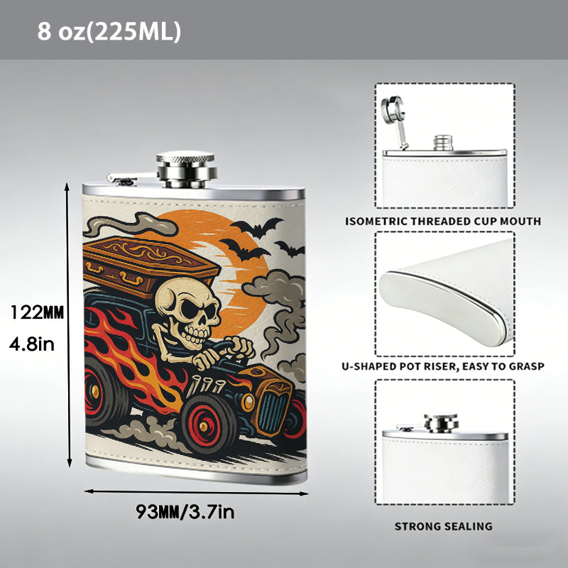 Skull driving a spooky truck with bats and moon 8oz Portable Stainless Steel Hip Flask - Juice Flask - Perfect Gift - Unique Whiskey Flask for Women, Wine Pot Metal - Ideal stainless steel flask for all outdoor activities