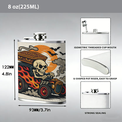 Skull driving a spooky truck with bats and moon 8oz Portable Stainless Steel Hip Flask - Juice Flask - Perfect Gift - Unique Whiskey Flask for Women, Wine Pot Metal - Ideal stainless steel flask for all outdoor activities