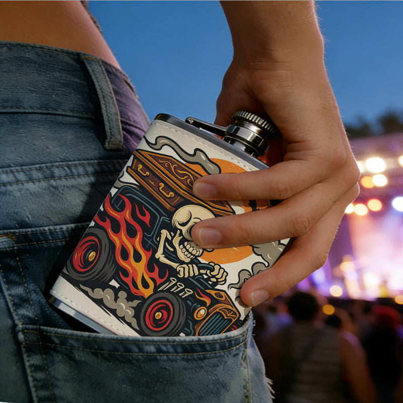 Skull driving a spooky truck with bats and moon 8oz Portable Stainless Steel Hip Flask - Juice Flask - Perfect Gift - Unique Whiskey Flask for Women, Wine Pot Metal - Ideal stainless steel flask for all outdoor activities