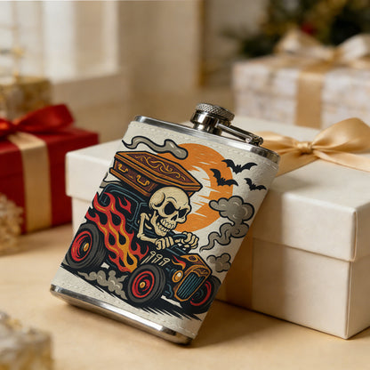 Skull driving a spooky truck with bats and moon 8oz Portable Stainless Steel Hip Flask - Juice Flask - Perfect Gift - Unique Whiskey Flask for Women, Wine Pot Metal - Ideal stainless steel flask for all outdoor activities