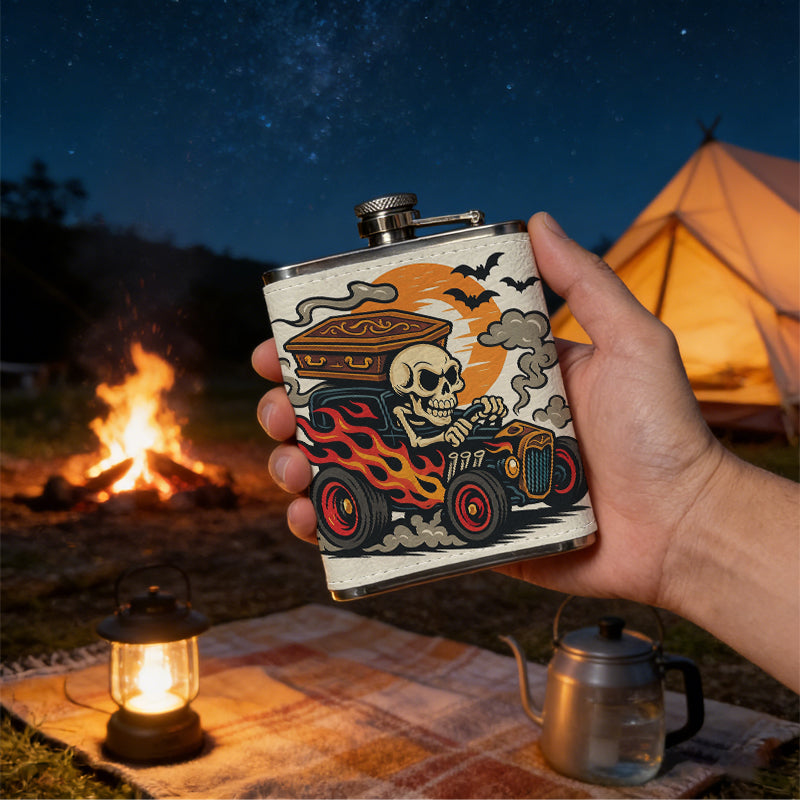 Skull driving a spooky truck with bats and moon 8oz Portable Stainless Steel Hip Flask - Juice Flask - Perfect Gift - Unique Whiskey Flask for Women, Wine Pot Metal - Ideal stainless steel flask for all outdoor activities