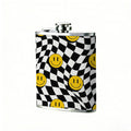 Distorted black white checkered with yellow smiley faces 8oz Portable Stainless Steel Hip Flask - Juice Flask - Perfect Gift - Unique Whiskey Flask for Women, Wine Pot Metal - Ideal stainless steel flask for all outdoor activities
