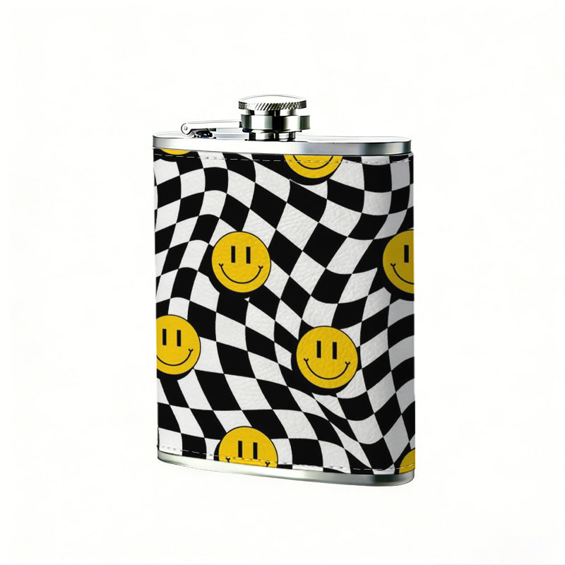 Distorted black white checkered with yellow smiley faces 8oz Portable Stainless Steel Hip Flask - Juice Flask - Perfect Gift - Unique Whiskey Flask for Women, Wine Pot Metal - Ideal stainless steel flask for all outdoor activities