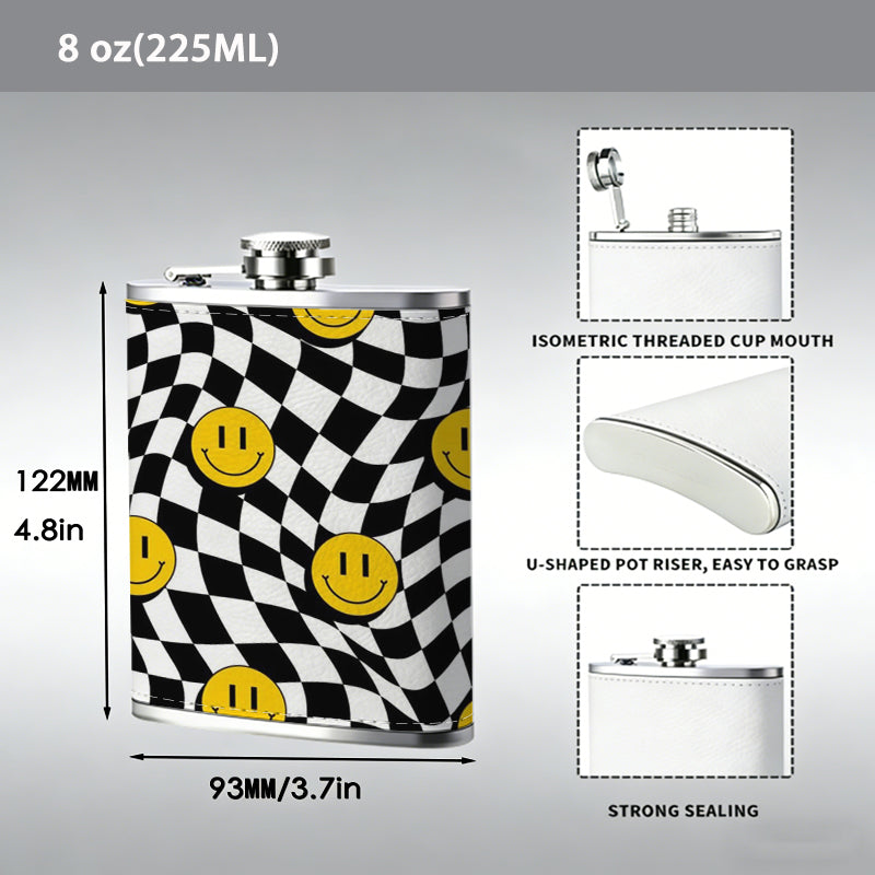 Distorted black white checkered with yellow smiley faces 8oz Portable Stainless Steel Hip Flask - Juice Flask - Perfect Gift - Unique Whiskey Flask for Women, Wine Pot Metal - Ideal stainless steel flask for all outdoor activities