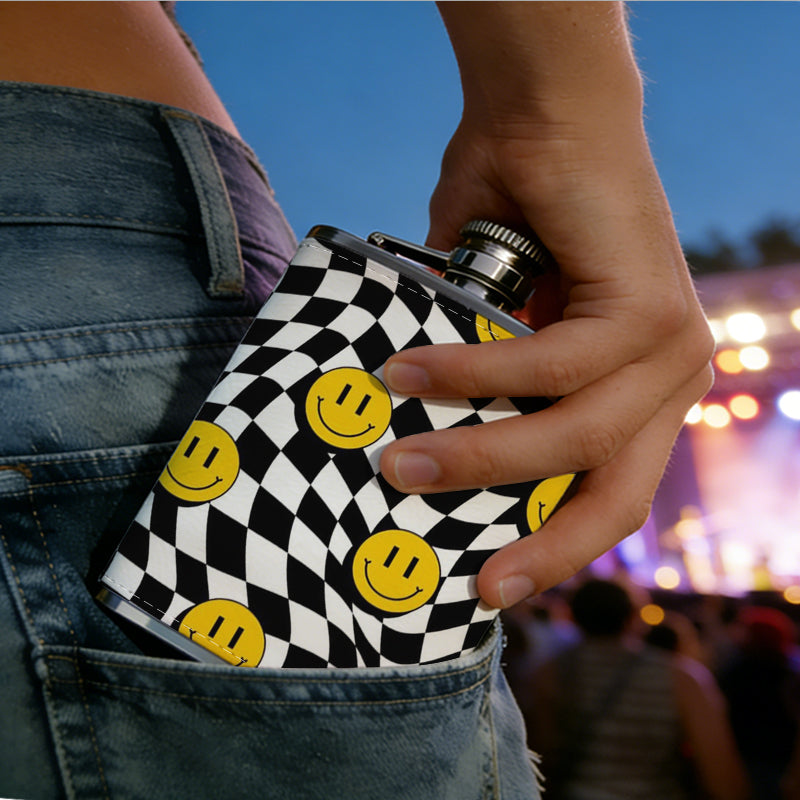 Distorted black white checkered with yellow smiley faces 8oz Portable Stainless Steel Hip Flask - Juice Flask - Perfect Gift - Unique Whiskey Flask for Women, Wine Pot Metal - Ideal stainless steel flask for all outdoor activities