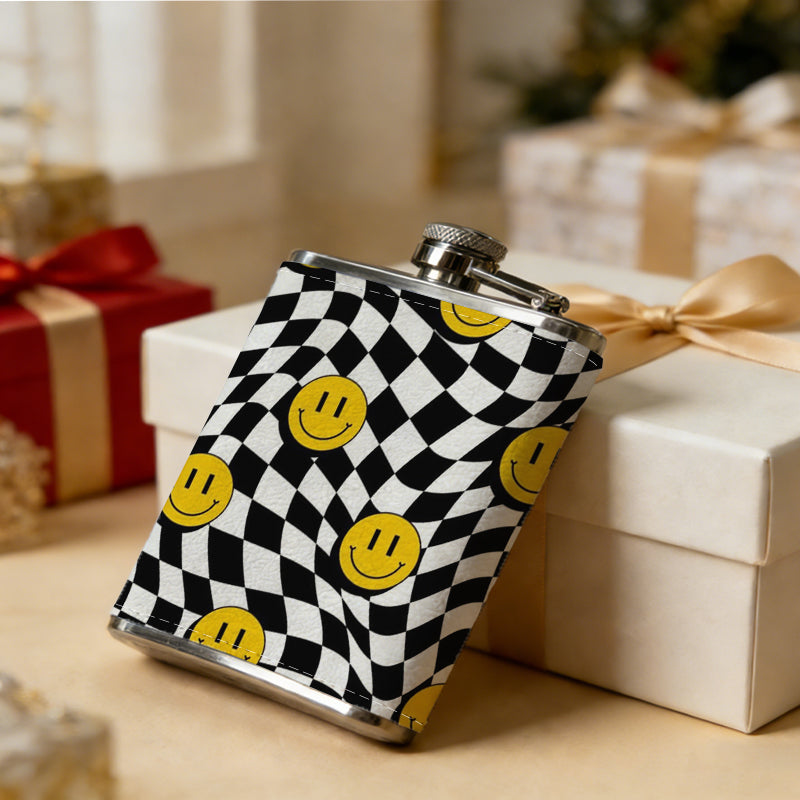 Distorted black white checkered with yellow smiley faces 8oz Portable Stainless Steel Hip Flask - Juice Flask - Perfect Gift - Unique Whiskey Flask for Women, Wine Pot Metal - Ideal stainless steel flask for all outdoor activities