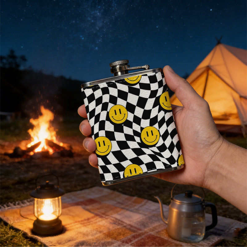 Distorted black white checkered with yellow smiley faces 8oz Portable Stainless Steel Hip Flask - Juice Flask - Perfect Gift - Unique Whiskey Flask for Women, Wine Pot Metal - Ideal stainless steel flask for all outdoor activities