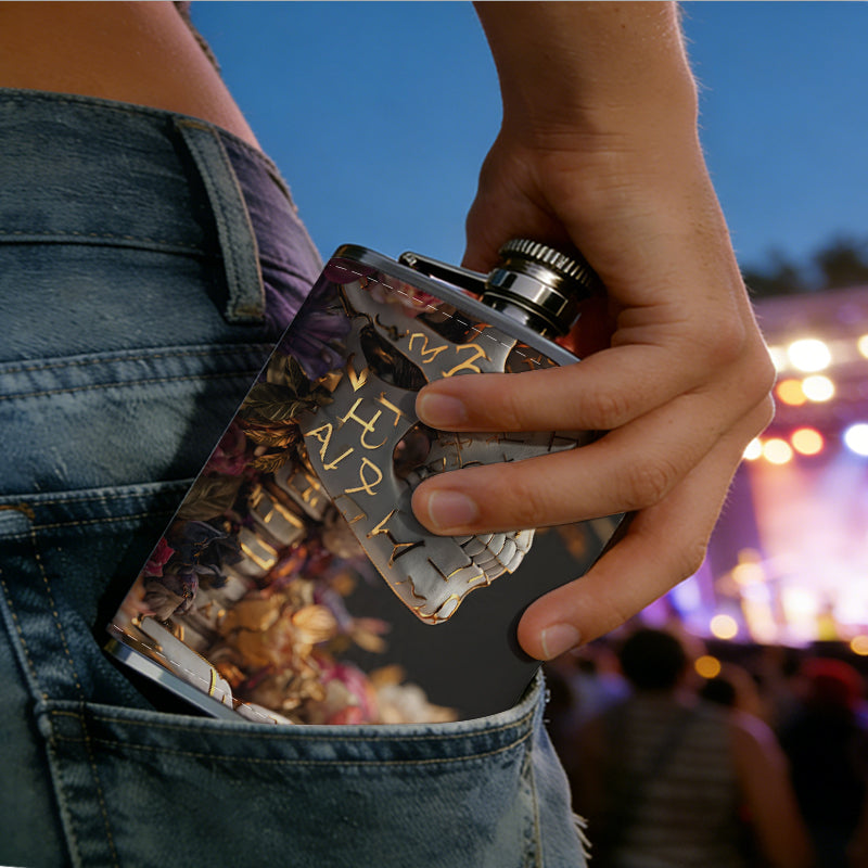 Gas masked skeleton figure 8oz Portable Stainless Steel Hip Flask - Juice Flask - Perfect Gift - Unique Whiskey Flask for Women, Wine Pot Metal - Ideal stainless steel flask for all outdoor activities