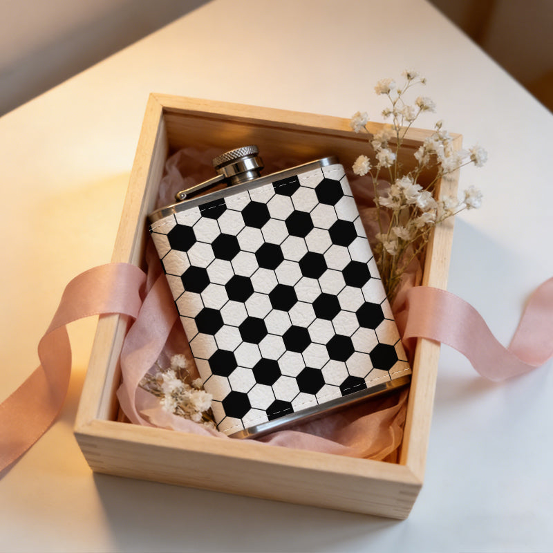 Black and white hexagonal soccer pattern 8oz Portable Stainless Steel Hip Flask - Juice Flask - Perfect Gift - Unique Whiskey Flask for Women, Wine Pot Metal - Ideal stainless steel flask for all outdoor activities