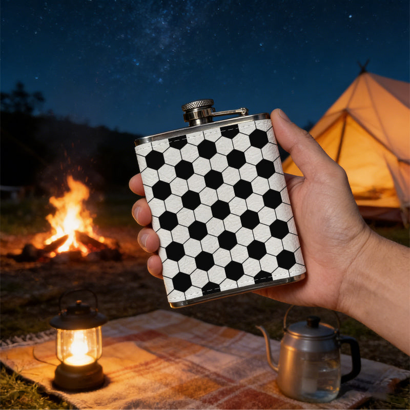 Black and white hexagonal soccer pattern 8oz Portable Stainless Steel Hip Flask - Juice Flask - Perfect Gift - Unique Whiskey Flask for Women, Wine Pot Metal - Ideal stainless steel flask for all outdoor activities