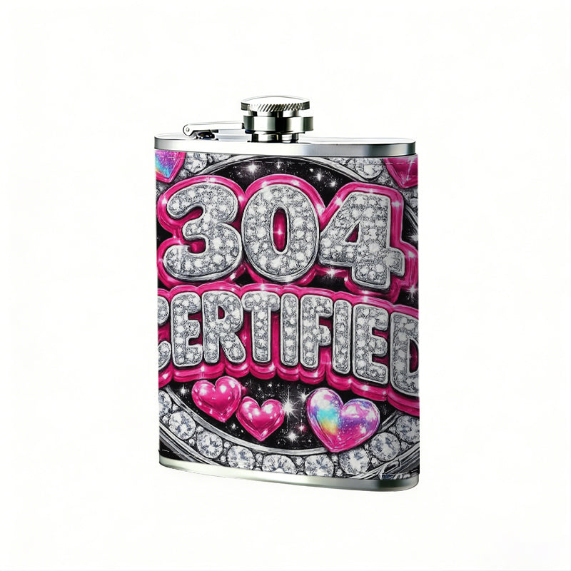 Sparkling 304 CERTIFIED badge with pink hearts 8oz Portable Stainless Steel Hip Flask - Juice Flask - Perfect Gift - Unique Whiskey Flask for Women, Wine Pot Metal - Ideal stainless steel flask for all outdoor activities