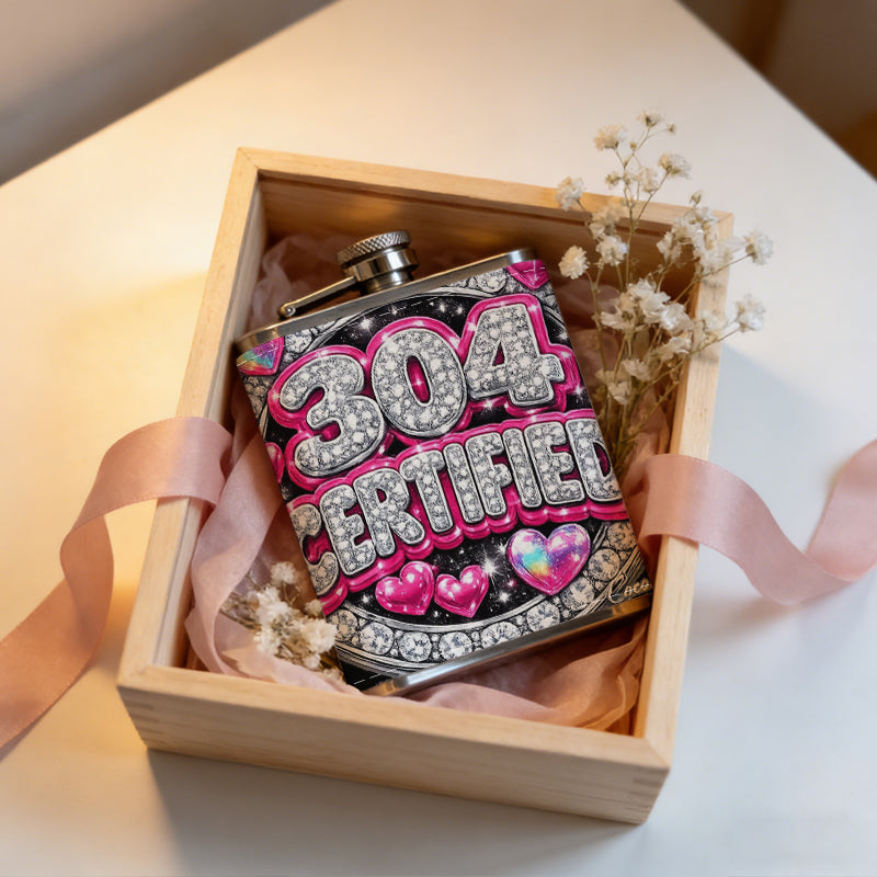 Sparkling 304 CERTIFIED badge with pink hearts 8oz Portable Stainless Steel Hip Flask - Juice Flask - Perfect Gift - Unique Whiskey Flask for Women, Wine Pot Metal - Ideal stainless steel flask for all outdoor activities