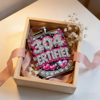 Sparkling 304 CERTIFIED badge with pink hearts 8oz Portable Stainless Steel Hip Flask - Juice Flask - Perfect Gift - Unique Whiskey Flask for Women, Wine Pot Metal - Ideal stainless steel flask for all outdoor activities