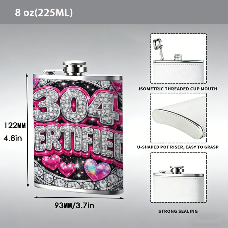 Sparkling 304 CERTIFIED badge with pink hearts 8oz Portable Stainless Steel Hip Flask - Juice Flask - Perfect Gift - Unique Whiskey Flask for Women, Wine Pot Metal - Ideal stainless steel flask for all outdoor activities