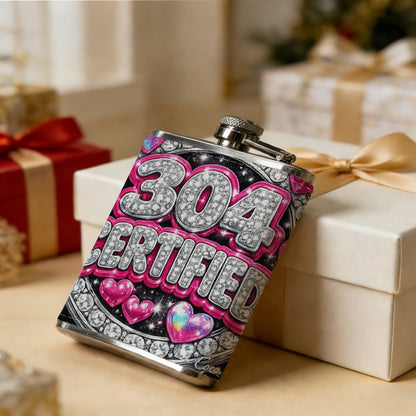 Sparkling 304 CERTIFIED badge with pink hearts 8oz Portable Stainless Steel Hip Flask - Juice Flask - Perfect Gift - Unique Whiskey Flask for Women, Wine Pot Metal - Ideal stainless steel flask for all outdoor activities