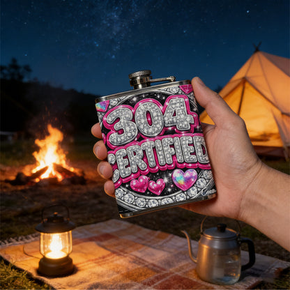Sparkling 304 CERTIFIED badge with pink hearts 8oz Portable Stainless Steel Hip Flask - Juice Flask - Perfect Gift - Unique Whiskey Flask for Women, Wine Pot Metal - Ideal stainless steel flask for all outdoor activities