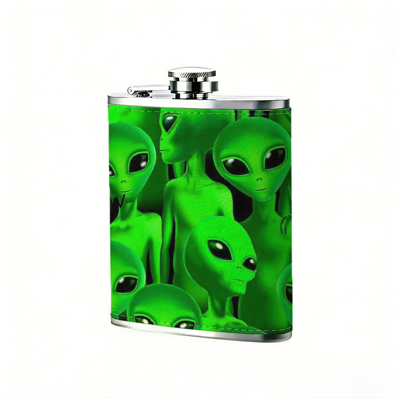 Group of green aliens 8oz Portable Stainless Steel Hip Flask - Juice Flask - Perfect Gift - Unique Whiskey Flask for Women, Wine Pot Metal - Ideal stainless steel flask for all outdoor activities