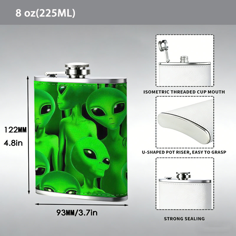 Group of green aliens 8oz Portable Stainless Steel Hip Flask - Juice Flask - Perfect Gift - Unique Whiskey Flask for Women, Wine Pot Metal - Ideal stainless steel flask for all outdoor activities
