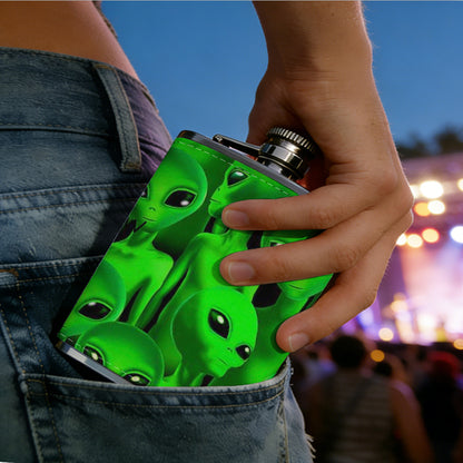 Group of green aliens 8oz Portable Stainless Steel Hip Flask - Juice Flask - Perfect Gift - Unique Whiskey Flask for Women, Wine Pot Metal - Ideal stainless steel flask for all outdoor activities