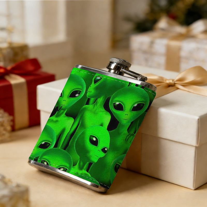 Group of green aliens 8oz Portable Stainless Steel Hip Flask - Juice Flask - Perfect Gift - Unique Whiskey Flask for Women, Wine Pot Metal - Ideal stainless steel flask for all outdoor activities
