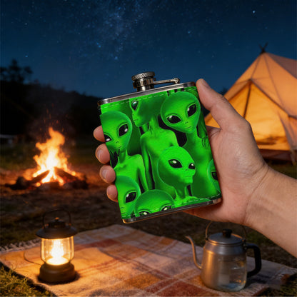 Group of green aliens 8oz Portable Stainless Steel Hip Flask - Juice Flask - Perfect Gift - Unique Whiskey Flask for Women, Wine Pot Metal - Ideal stainless steel flask for all outdoor activities